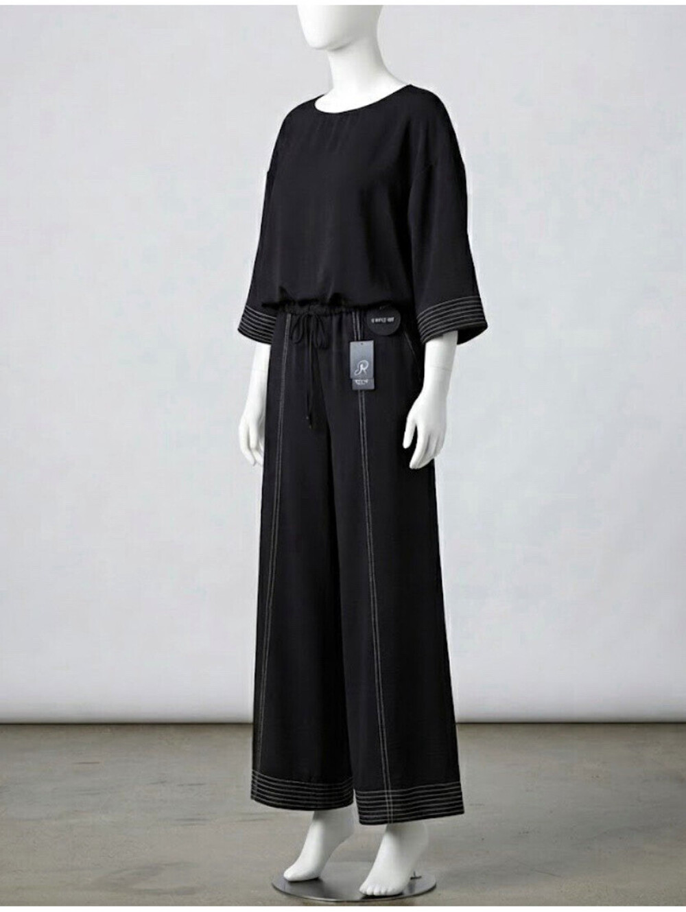 Adrianna Papell Black XL 2pc Airflow Set Wide-Leg Pants Top Contrast Stitch